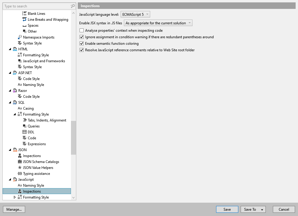 ReSharper 选项:代码编辑 | JavaScript | 检查 ReSharper 选项:代码编辑 | JavaScript | 检查