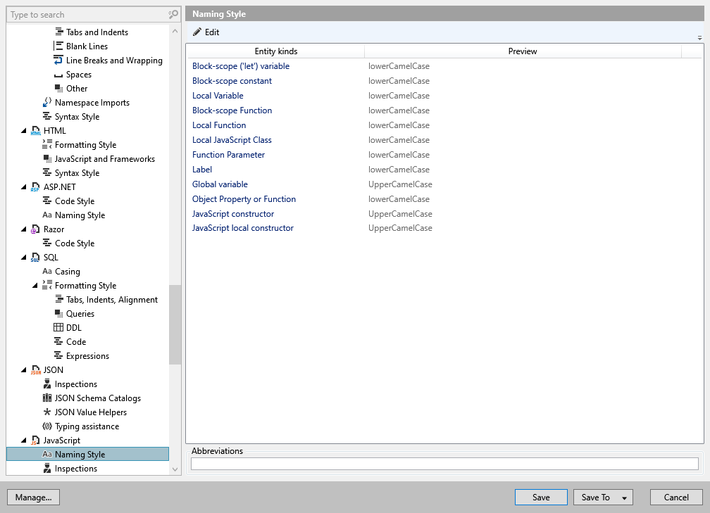 ReSharper 选项：代码编辑 | JavaScript | 命名样式