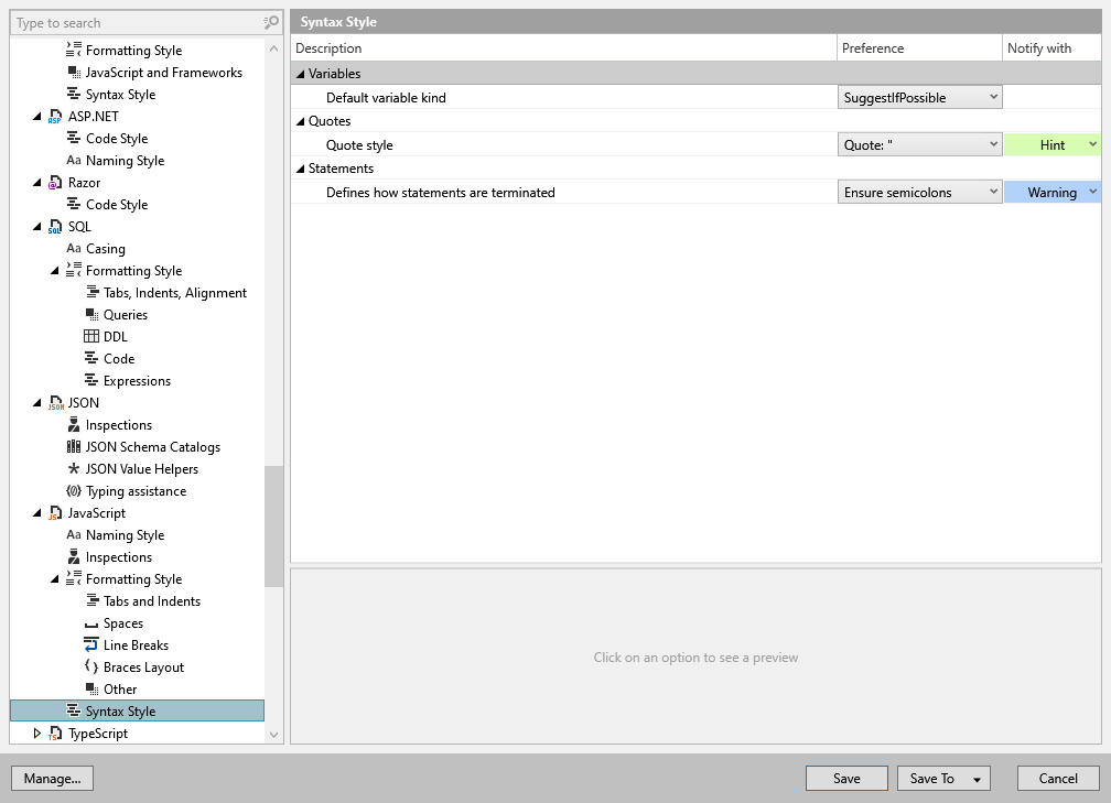 ReSharper 选项：代码编辑 | JavaScript | 语法样式