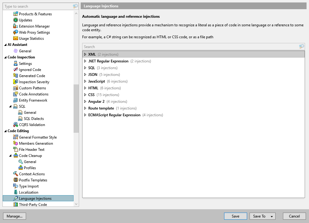 ReSharper options: Code Editing | Language Injections