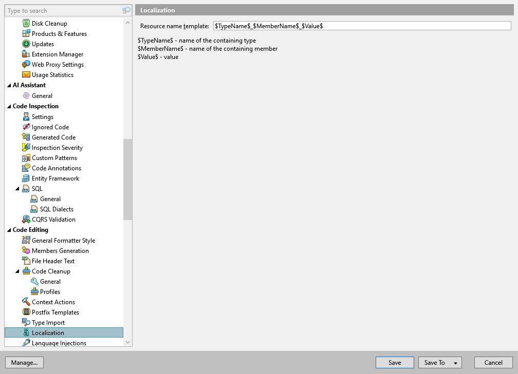 ReSharper options: Code Editing | Localization