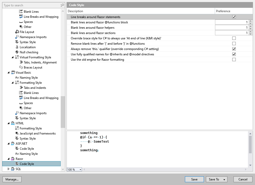 ReSharper 选项：代码编辑 | Razor | 代码样式