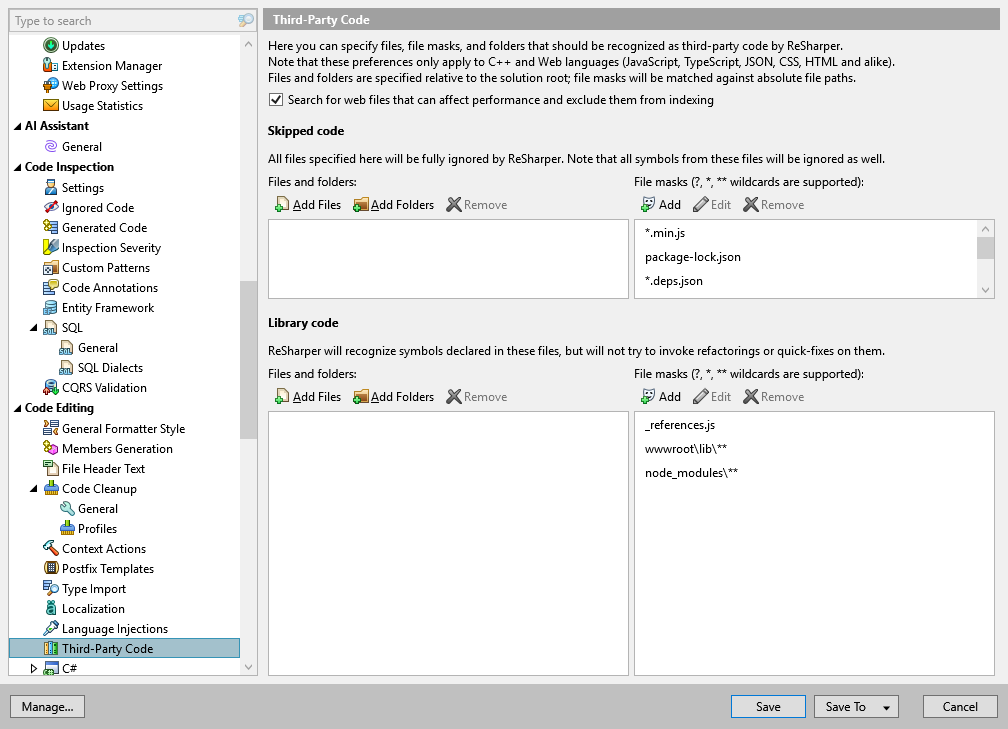 ReSharper options: Code Editing | Third-Party Code