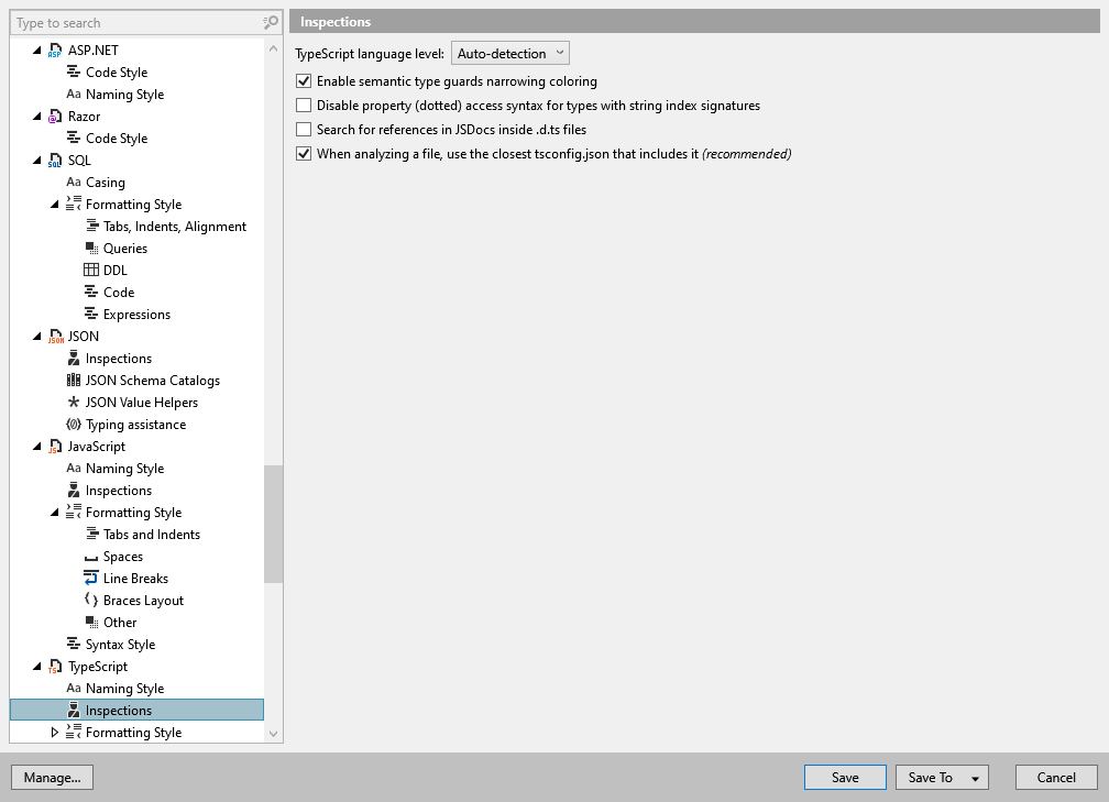 ReSharper 选项：代码编辑 | TypeScript | 检查