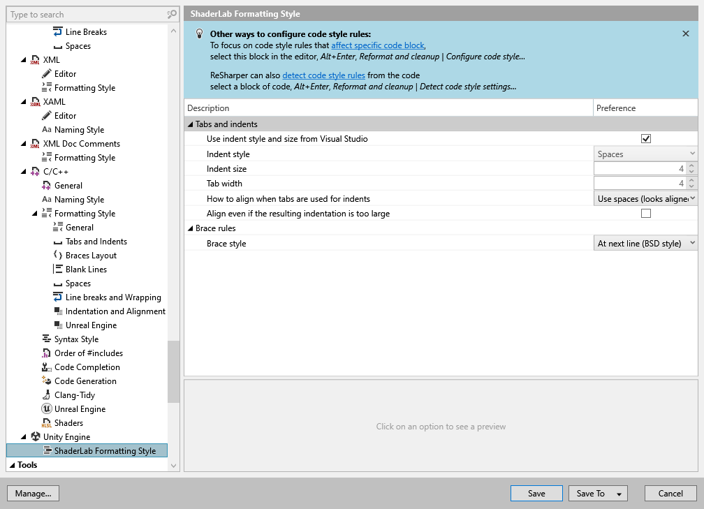 ReSharper options: Code Editing | ShaderLab Formatting Style