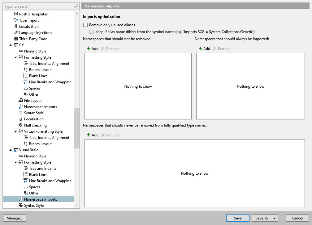 ReSharper 选项：代码编辑 | Visual Basic | 命名空间导入