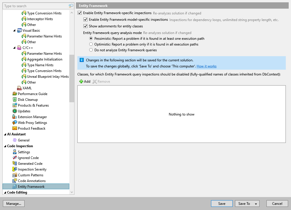 ReSharper options: Code Inspection | Entity Framework