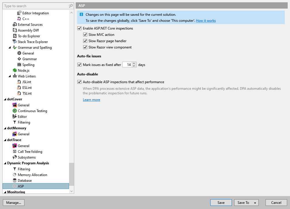 ReSharper 选项：动态程序分析 | ASP
