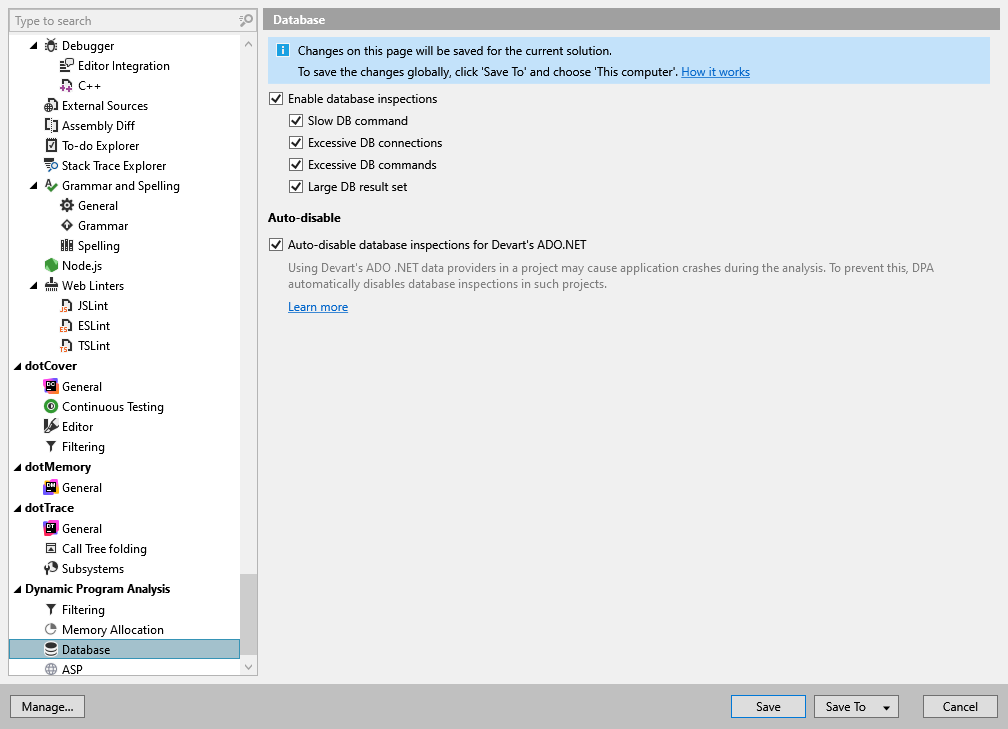 ReSharper 选项：动态程序分析 | 数据库