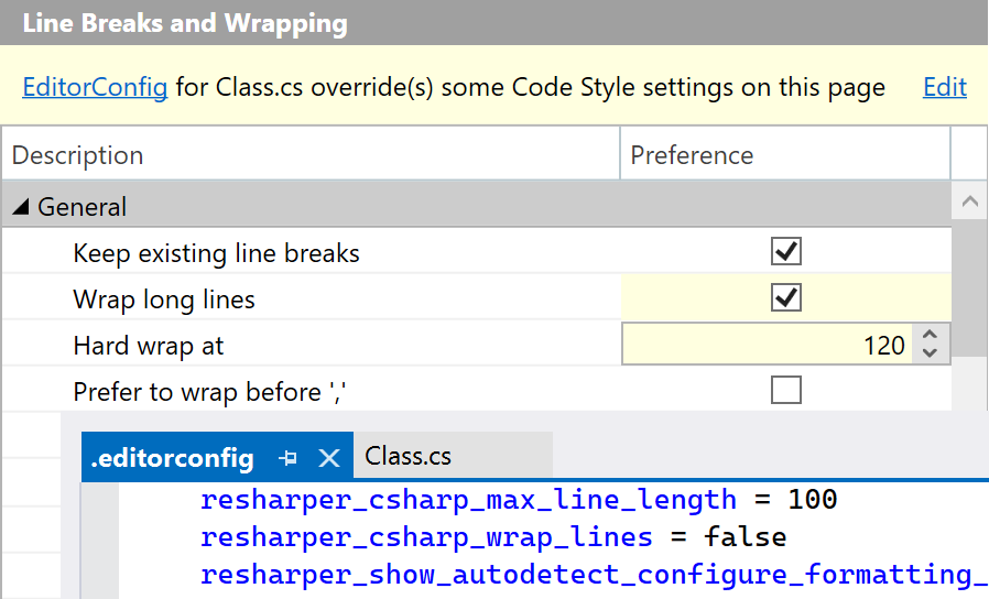 Code formatting options overridden by EditorConfig styles Code formatting options overridden by EditorConfig styles