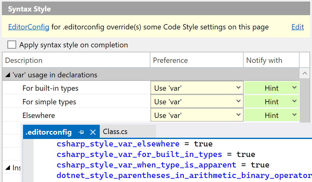 Code style options overridden by EditorConfig styles