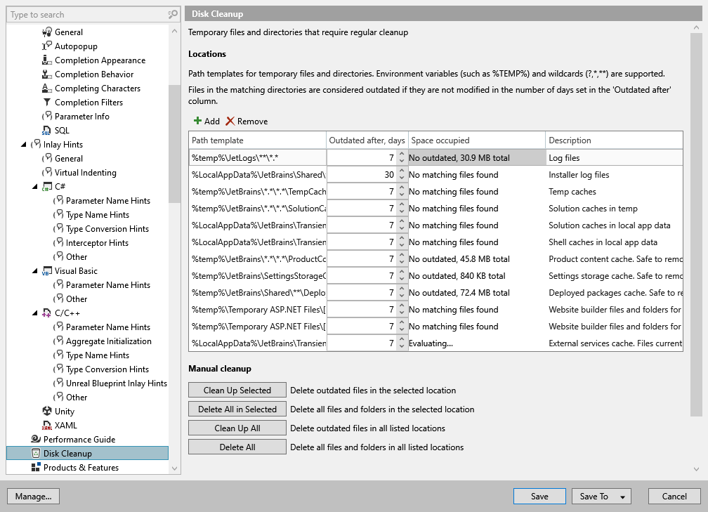 ReSharper 选项：环境 | 磁盘清理