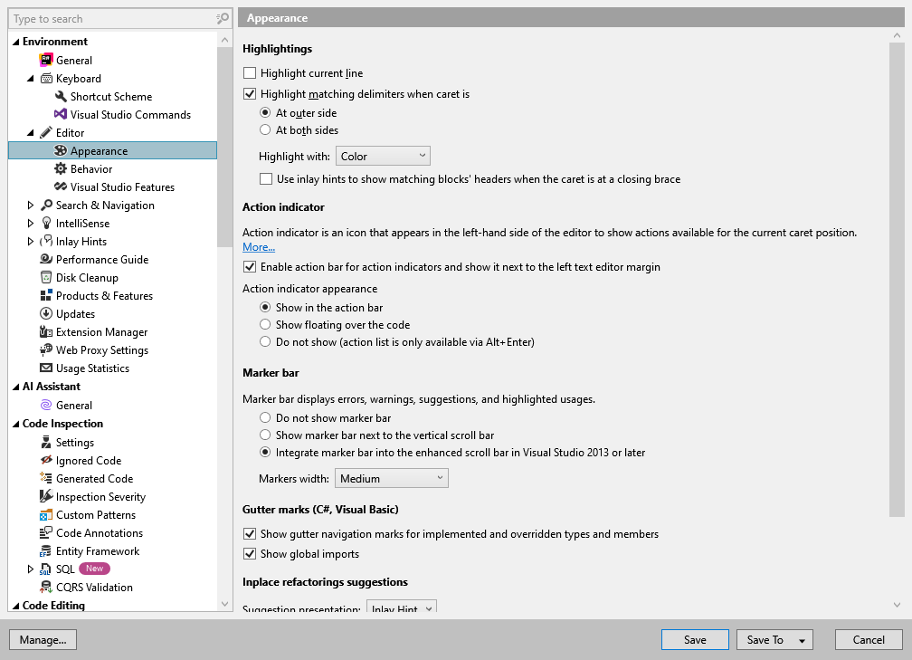 ReSharper 选项：环境 | 编辑器 | 外观