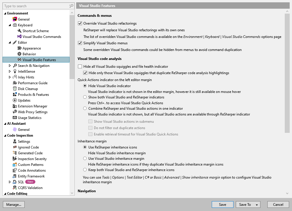 ReSharper 选项：Environment | Editor | Visual Studio 功能