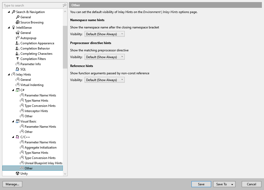 ReSharper 选项：环境 | 内嵌提示 | C/C++ | 其他