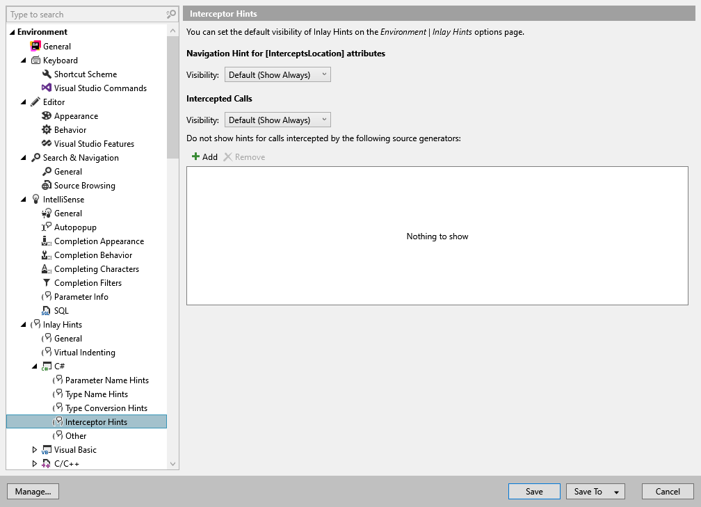 ReSharper 选项:Environment | Inlay Hints | C# | Interceptor Hints ReSharper 选项:Environment | Inlay Hints | C# | Interceptor Hints