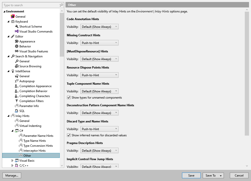 ReSharper 选项：环境 | 内嵌提示 | C# | 其他