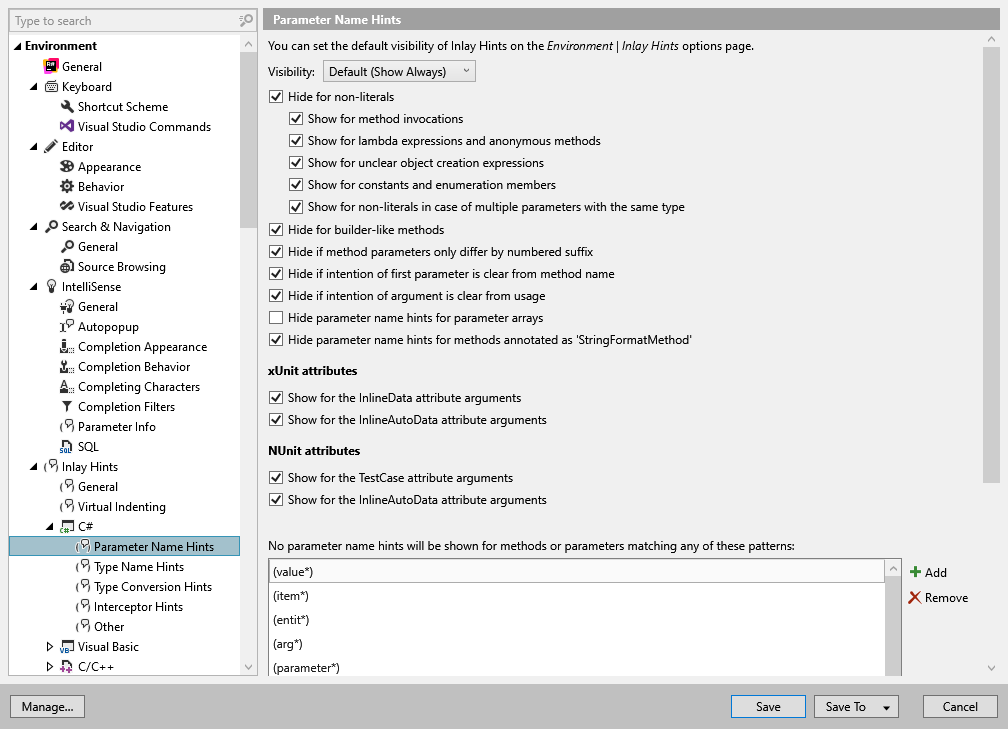 ReSharper 选项：Environment | Inlay Hints | C# | 参数名称提示