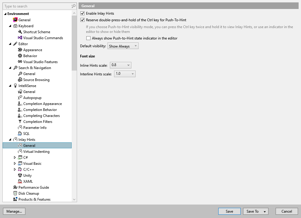 ReSharper 选项：环境 | 内嵌提示 | 常规