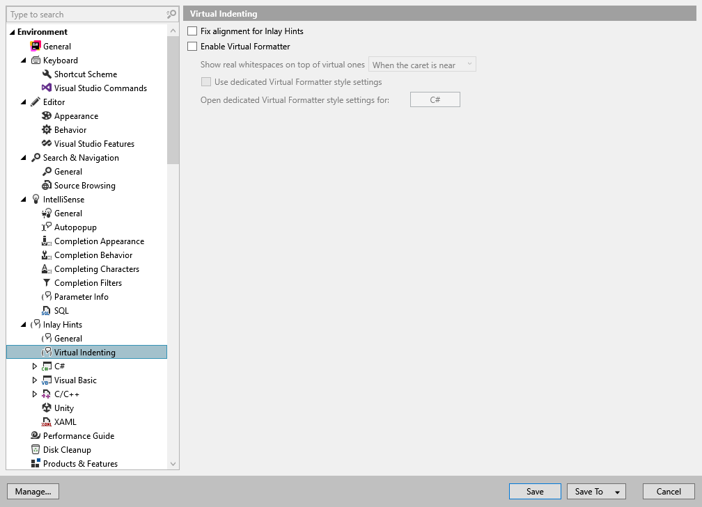 ReSharper 选项：环境 | 内嵌提示 | 虚拟缩进