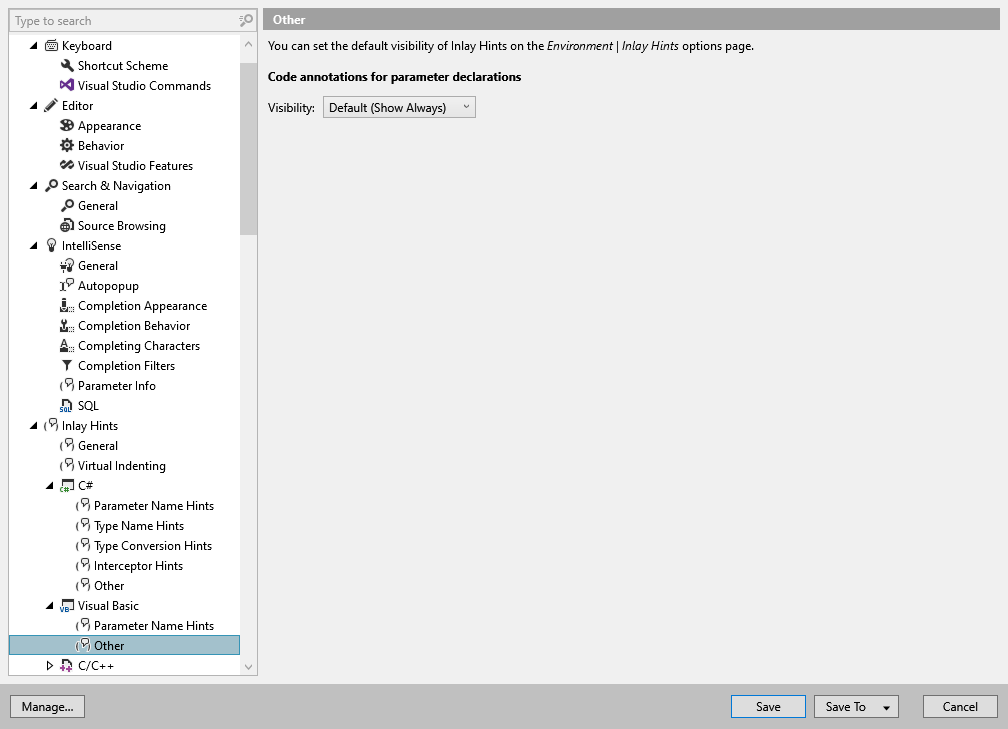 ReSharper 选项:Environment | Inlay Hints | Visual Basic | Other ReSharper 选项:Environment | Inlay Hints | Visual Basic | Other