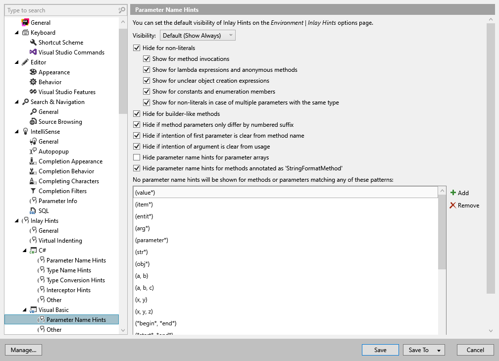 ReSharper 选项：Environment | Inlay Hints | Visual Basic | Parameter Name Hints