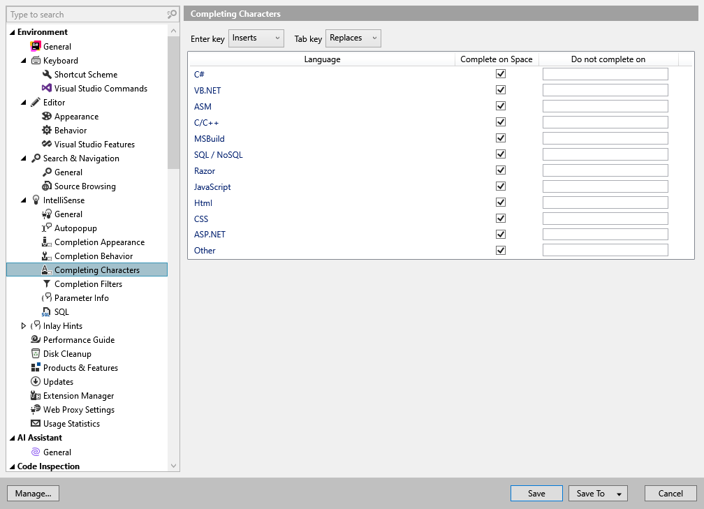 ReSharper 选项:Environment | IntelliSense | Completing Characters ReSharper 选项:Environment | IntelliSense | Completing Characters