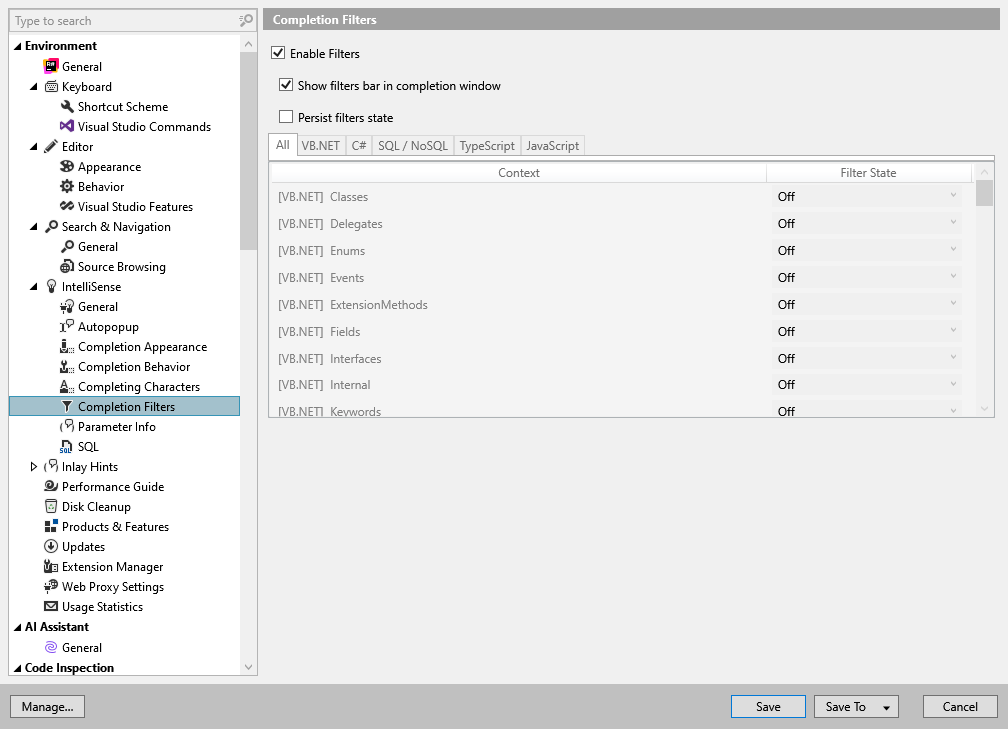 ReSharper 选项：Environment | IntelliSense | Completion Filters