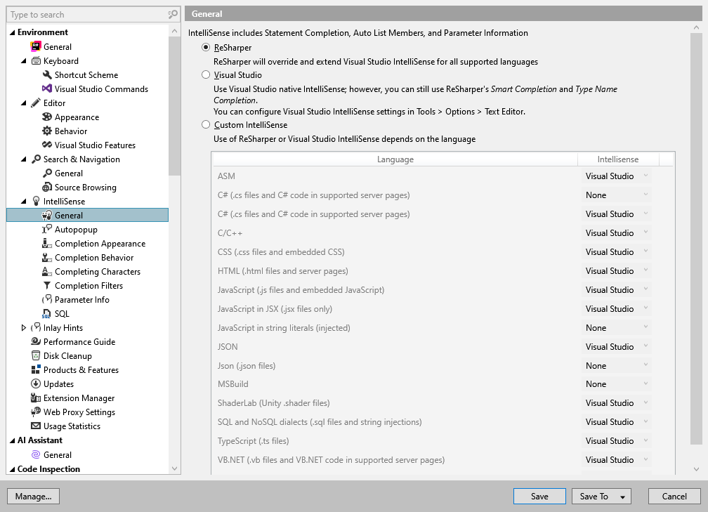 ReSharper 选项：Environment | IntelliSense | General