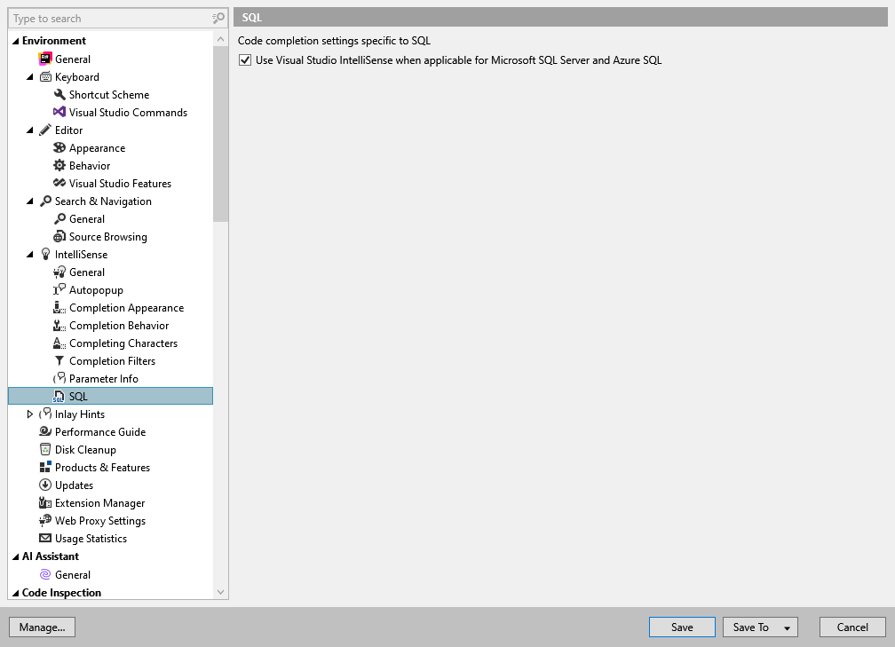 ReSharper options: Environment | IntelliSense | SQL