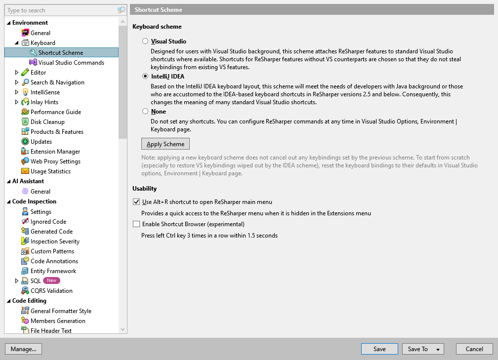 ReSharper options: Environment | Keyboard | Shortcuts Scheme