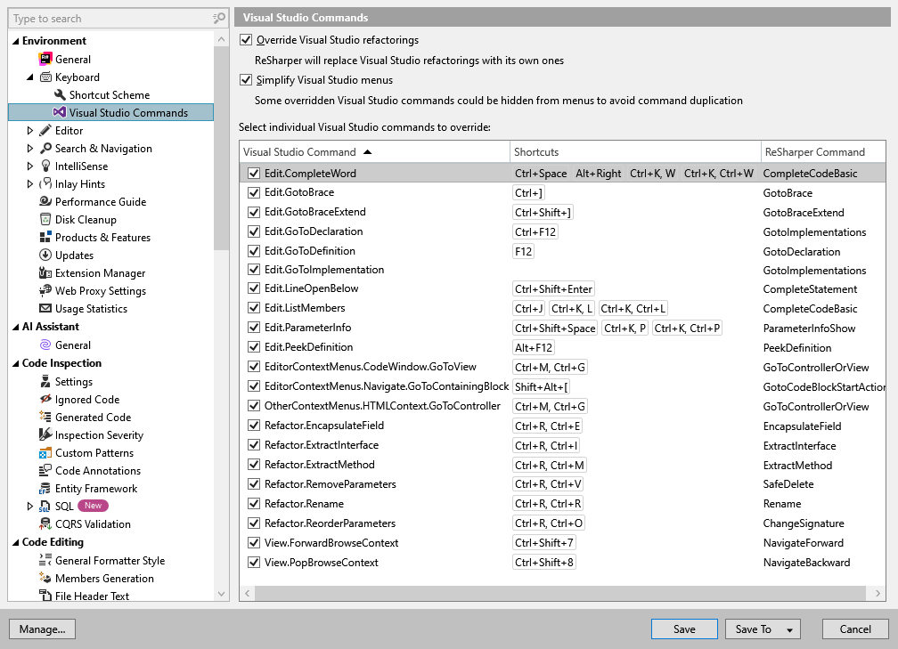 ReSharper 选项:Environment | Keyboard | Visual Studio Commands ReSharper 选项:Environment | Keyboard | Visual Studio Commands