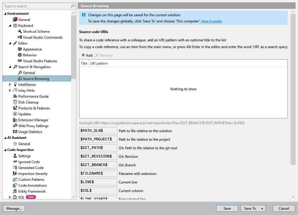 ReSharper 选项：环境 | 搜索与导航 | 源代码浏览