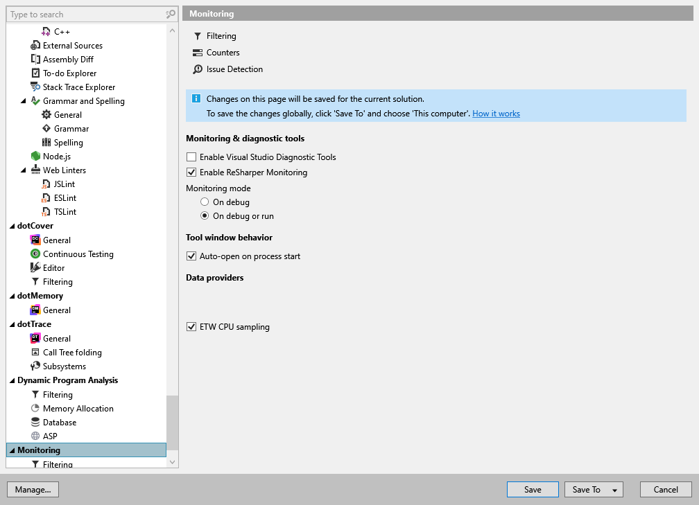 ReSharper options: Monitoring