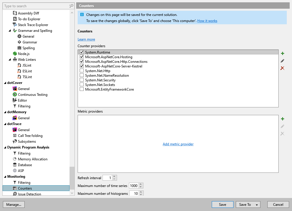 ReSharper options: Monitoring | Counters and Metrics