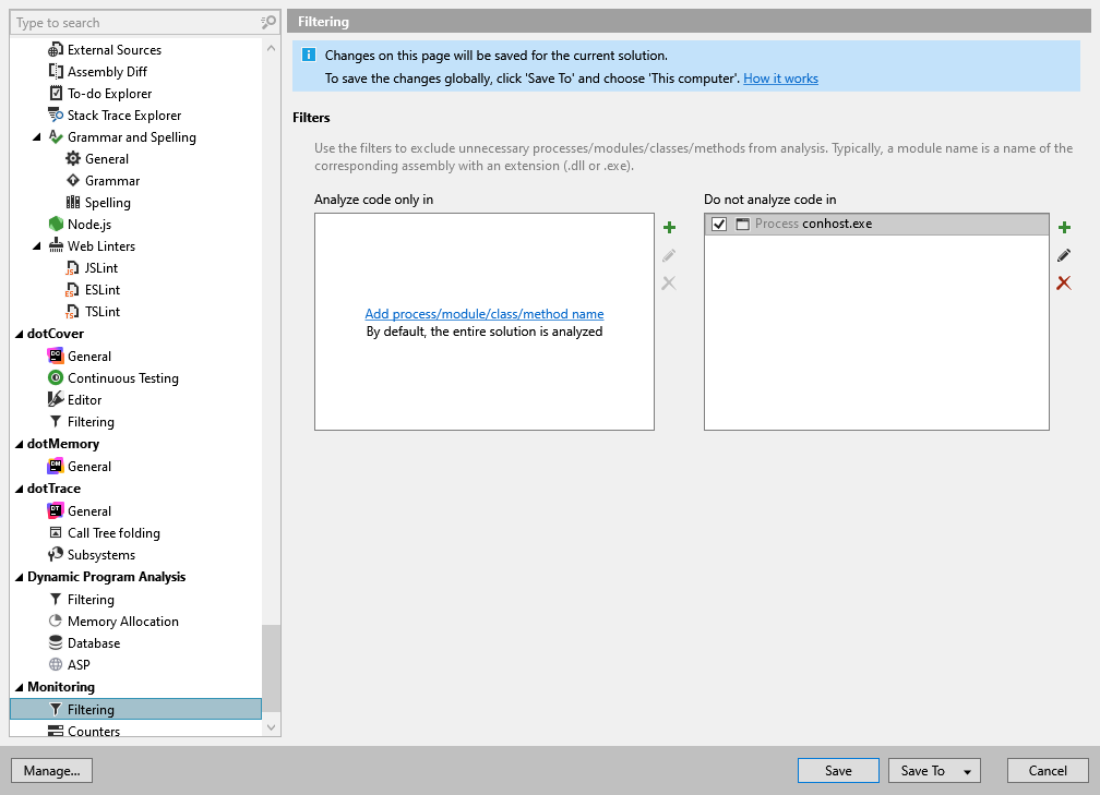 ReSharper options: Monitoring | Filtering
