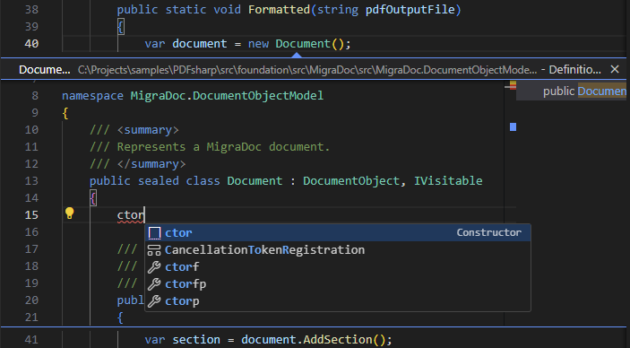 Code inspection in the Peek definition view