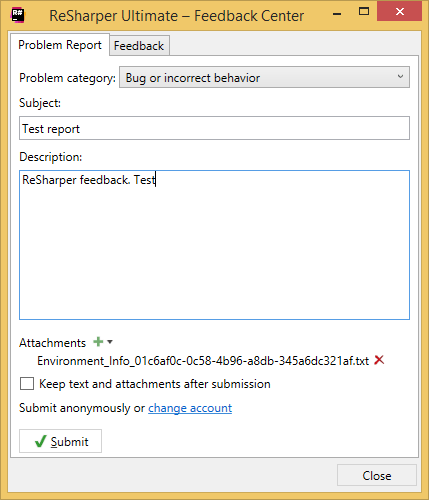 ReSharper: feedback Center dialog ReSharper: feedback Center dialog
