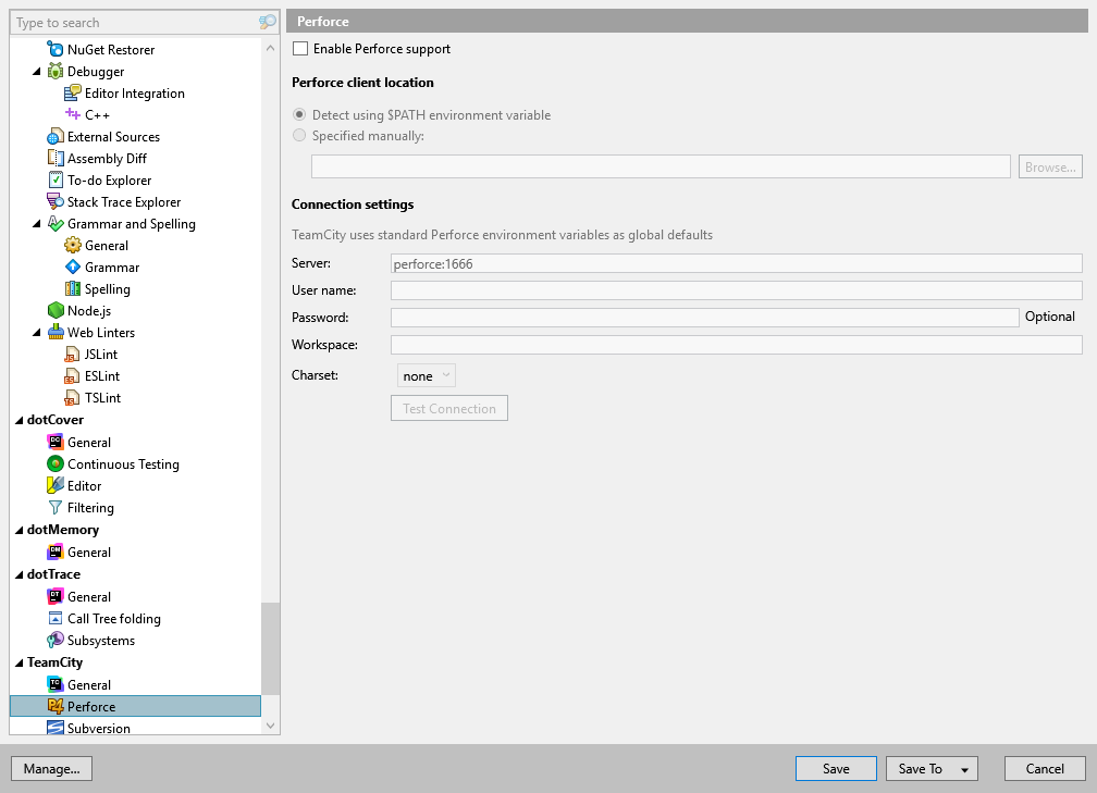 TeamCity&nbsp;Add-in options: TeamCity | Perforce