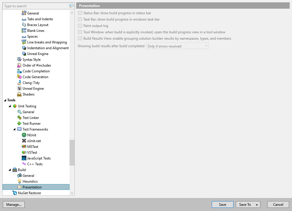 ReSharper options: Tools | Build | Presentation ReSharper options: Tools | Build | Presentation