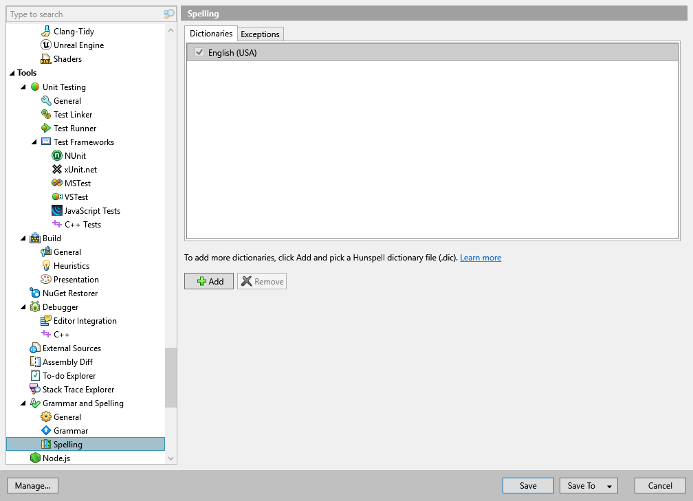 ReSharper options: Tools | Grammar and Spelling | Spelling ReSharper options: Tools | Grammar and Spelling | Spelling