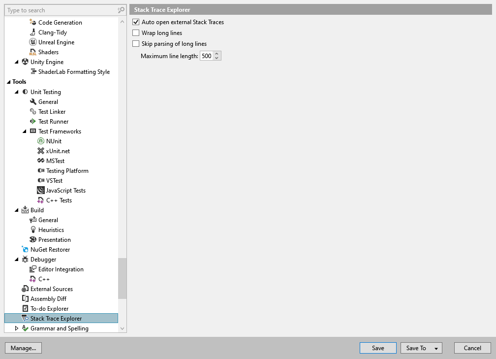 ReSharper 选项：工具 | 堆栈跟踪资源管理器