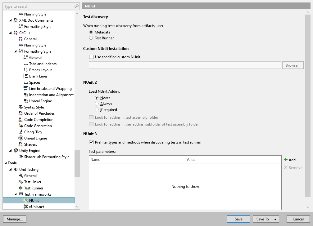 ReSharper 选项：Tools | Unit Testing | Test Frameworks | NUnit