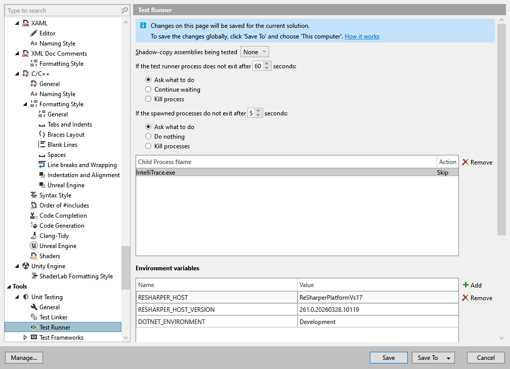 ReSharper 选项:工具 | 单元测试 | 测试运行器 ReSharper 选项:工具 | 单元测试 | 测试运行器