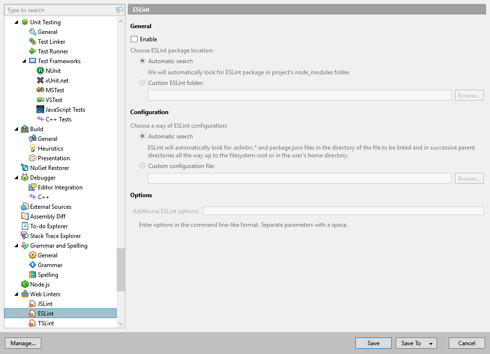ReSharper options: Tools | Web Linters | ESLint ReSharper options: Tools | Web Linters | ESLint