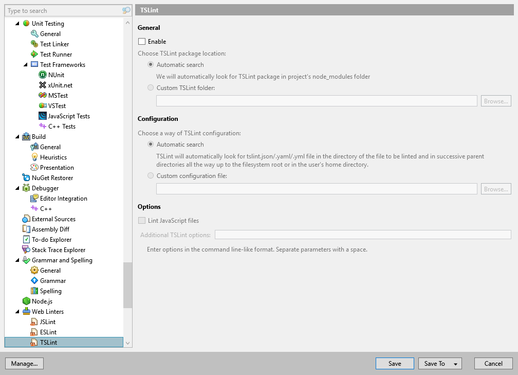 ReSharper options: Tools | Web Linters | TSLint ReSharper options: Tools | Web Linters | TSLint