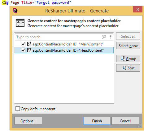 ReSharper：为母版页的内容占位符生成内容