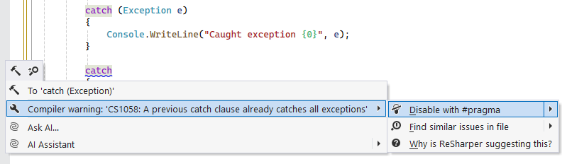 ReSharper：使用“#pragma”禁用编译器警告