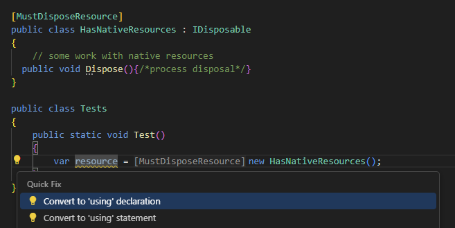 ReSharper for Visual Studio Code: Dispose analysis. Enforce 'using' directive
