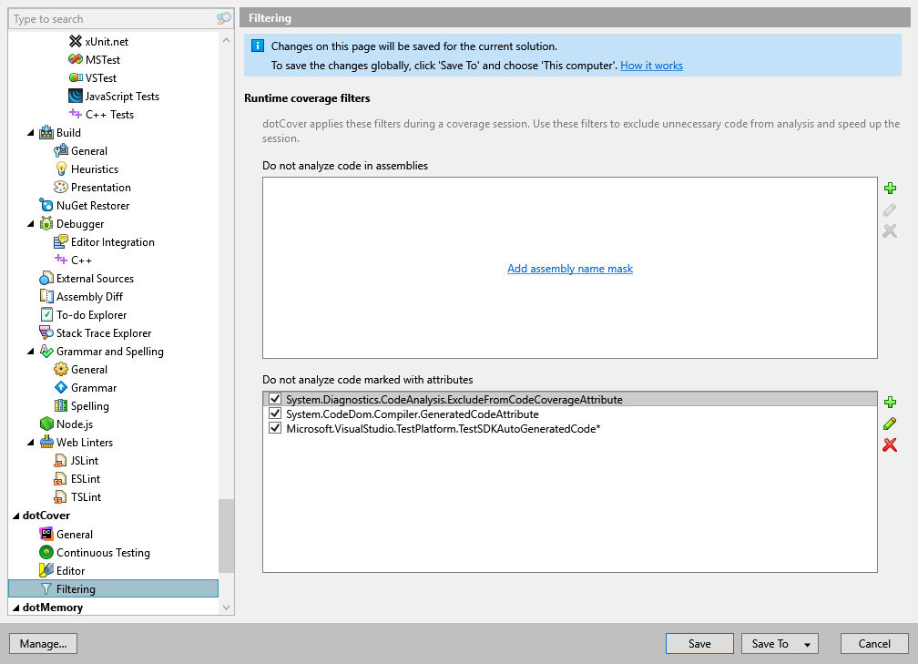 dotCover 选项：dotCover | 过滤
